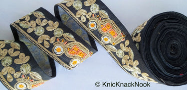 Beige / Sage Green / Black/ Blue Silk Trim With Intricate Gold Embroidered Flowers and Car with Orange And White Beads, Approx. 64mm wide